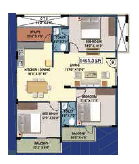 Floor plan of 3 BHK 1451 Sq. Ft. Apartment in YV Warrior Lakeview, Bangalore