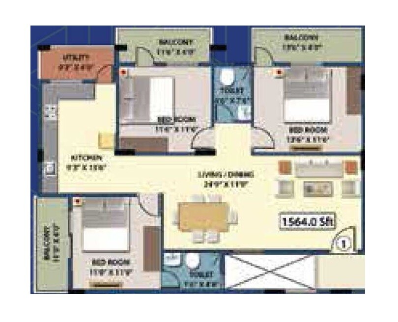 Floor plan of 3 BHK 1564 Sq. Ft. Apartment in YV Warrior Lakeview, Bangalore