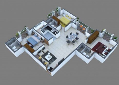 Floor plan of 3 BHK 1834 Sq. Ft. Apartment in Zaffars Sterling Pine Hurst, Bangalore