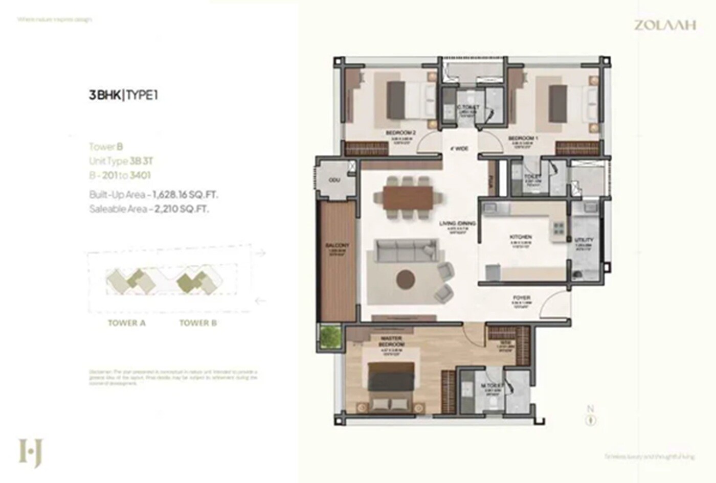 Floor plan of 3 BHK 2210 Sq. Ft. Apartment in Houze Zolaah, Bangalore