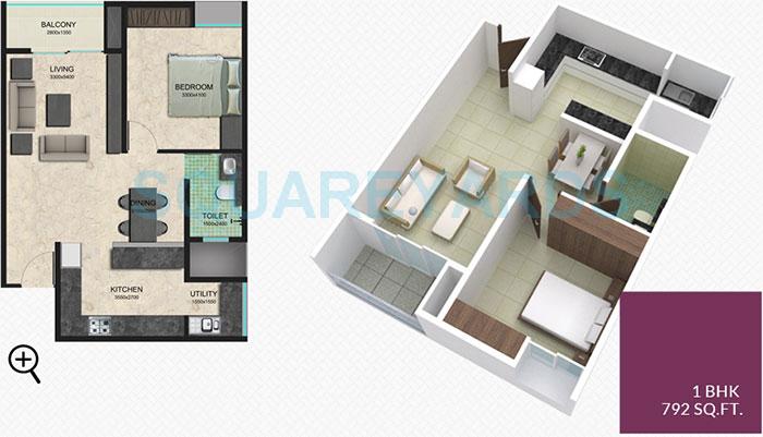 Floor plan of 1 BHK 792 Sq. Ft. Apartment in Zonasha Vista, Bangalore