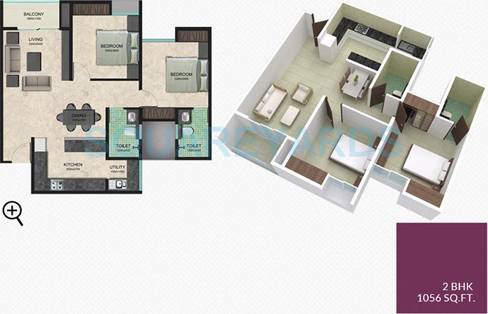 Floor plan of 2 BHK 1056 Sq. Ft. Apartment in Zonasha Vista, Bangalore