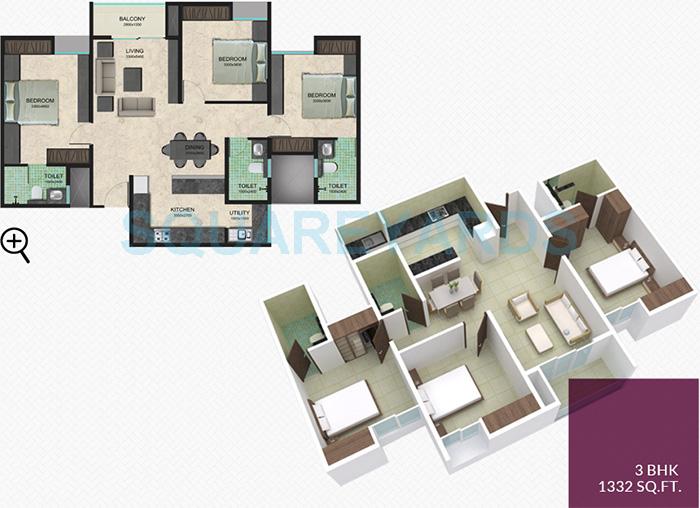 Floor plan of 3 BHK 1332 Sq. Ft. Apartment in Zonasha Vista, Bangalore