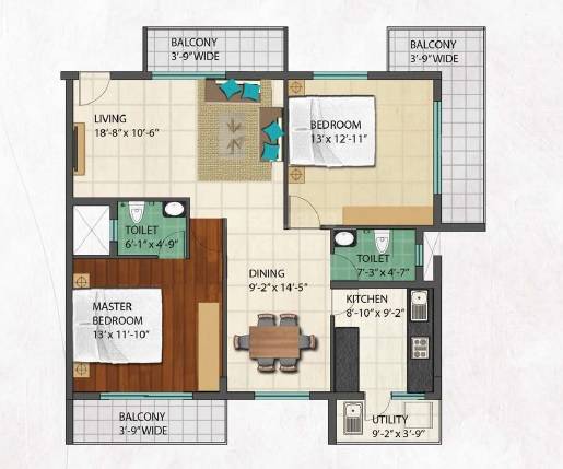 Floor plan of 2 BHK 1578 Sq. Ft. Apartment in Zotra Eden Park, Bangalore