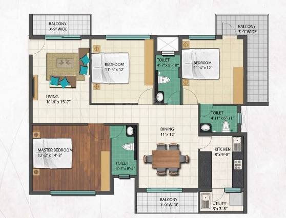 Floor plan of 3 BHK 1761 Sq. Ft. Apartment in Zotra Eden Park, Bangalore