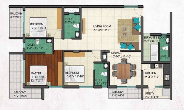 Floor plan of 3 BHK 1961 Sq. Ft. Apartment in Zotra Eden Park, Bangalore