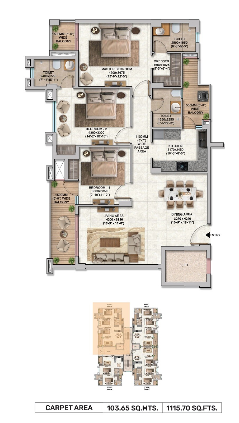 Floor plan of 3 BHK 1116 Sq. Ft. Apartment in Shalimar Evara Heights, Barabanki