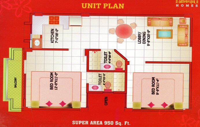 2 BHK 950 Sq. Ft. Apartment