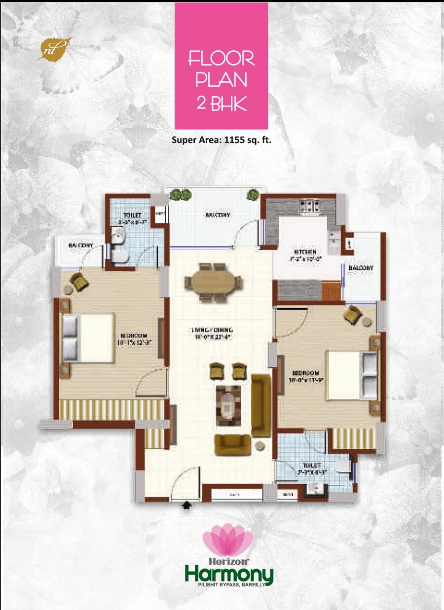 Floor plan of 2 BHK 1155 Sq. Ft. Apartment in Horizon Harmony, Bareilly