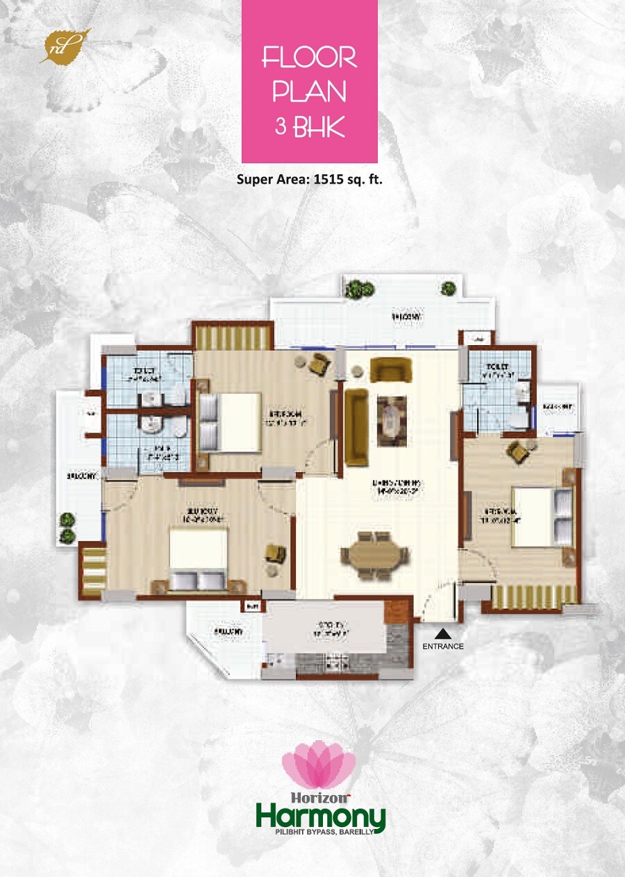 Floor plan of 3 BHK 1515 Sq. Ft. Apartment in Horizon Harmony, Bareilly