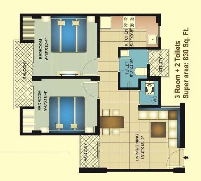 Floor plan of 2 BHK 830 Sq. Ft. Ind Floor in Horizon Navjeevan, Bareilly