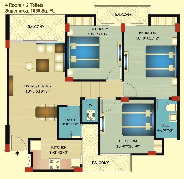 Floor plan of 3 BHK 1060 Sq. Ft. Ind Floor in Horizon Navjeevan, Bareilly