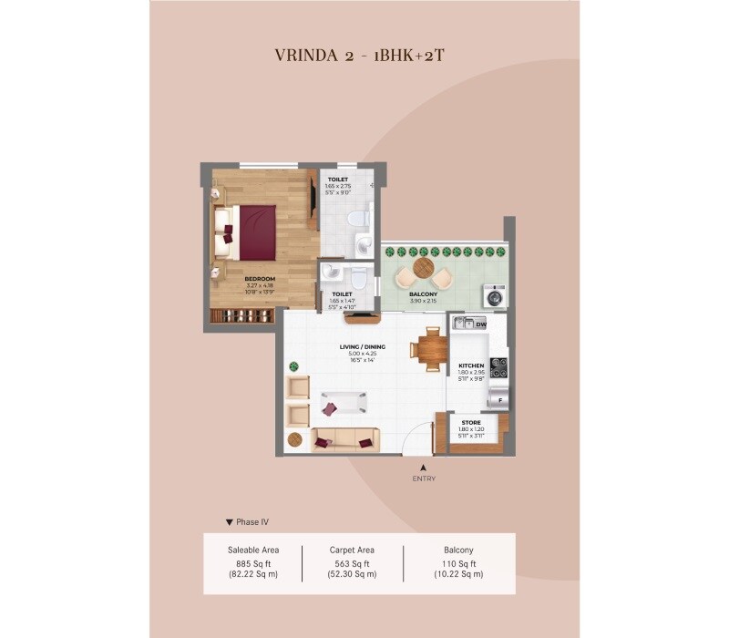 1 BHK 885 Sq. Ft. Apartment