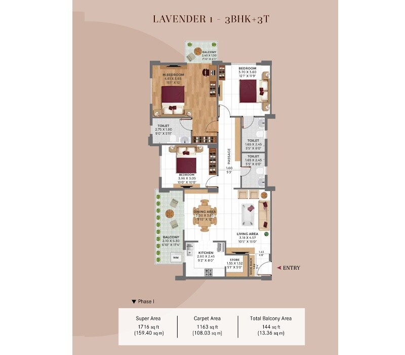 Floor plan of 3 BHK Apartment - 1163 sq. ft. in Ashiana Advik, Bhiwadi