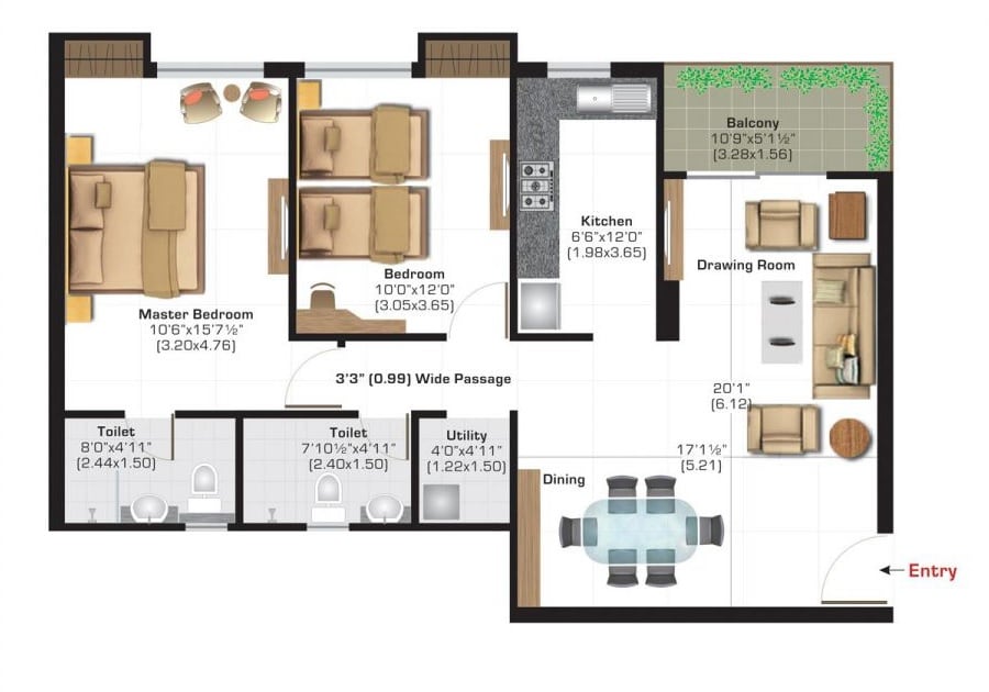 Floor plan of 2 BHK 829 Sq. Ft. Apartment in Ashiana Town, Bhiwadi