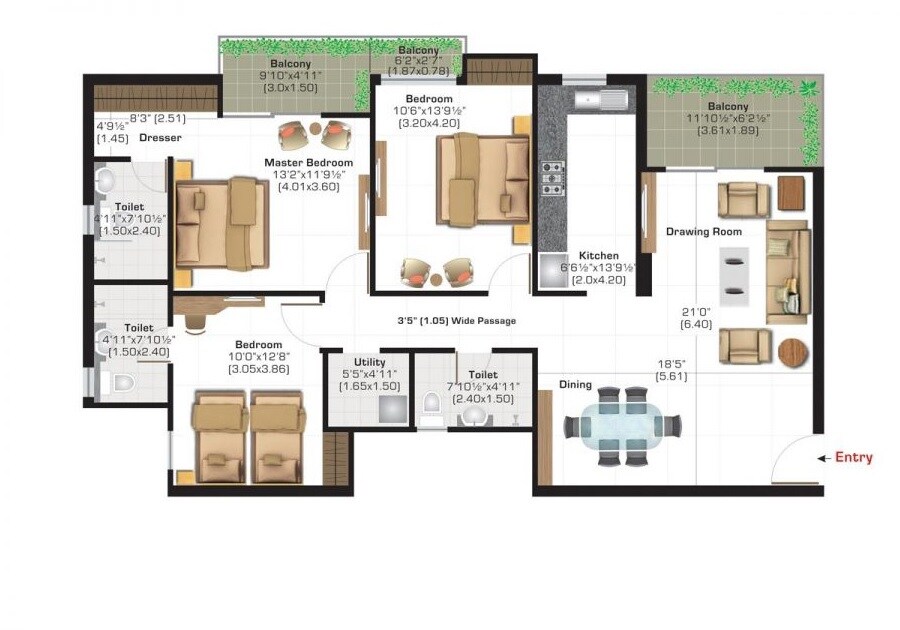 Floor plan of 3 BHK 1128 Sq. Ft. Apartment in Ashiana Town, Bhiwadi