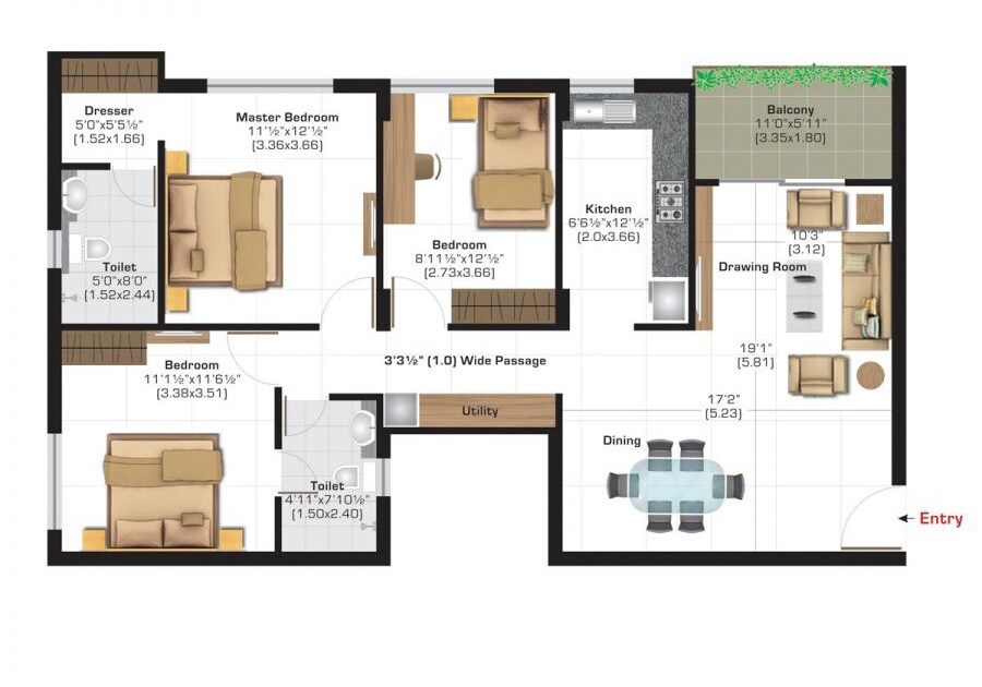 Floor plan of 3 BHK 932 Sq. Ft. Apartment in Ashiana Town, Bhiwadi