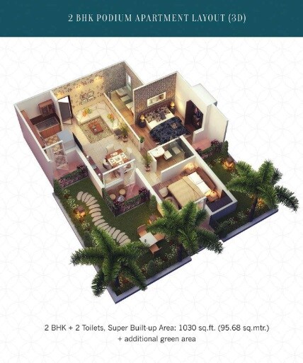 Floor plan of 2 BHK 1030 Sq. Ft. Apartment in Cosmos Greens, Bhiwadi