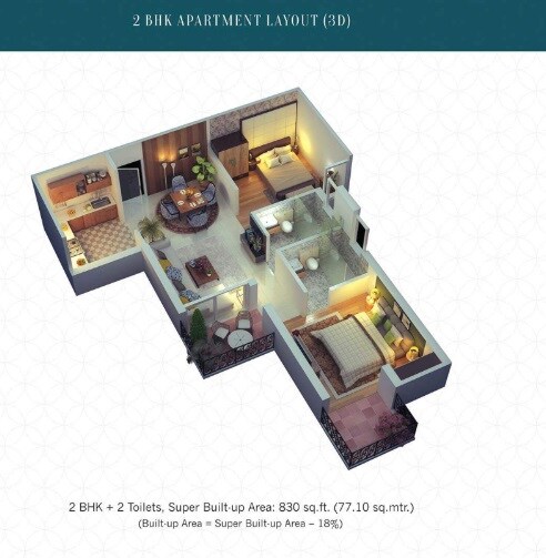 Floor plan of 2 BHK 830 Sq. Ft. Apartment in Cosmos Greens, Bhiwadi