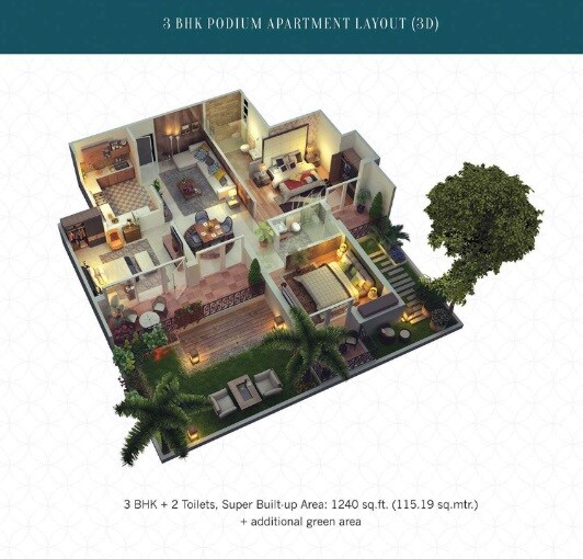 Floor plan of 3 BHK 1240 Sq. Ft. Apartment in Cosmos Greens, Bhiwadi