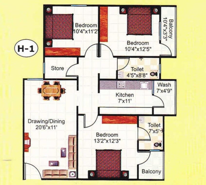 Floor plan of 3 BHK 1310 Sq. Ft. Apartment in Bhavishya Rajshree Enclave, Bhopal