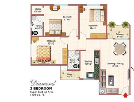 Floor plan of 3 BHK 1400 Sq. Ft. Apartment in Chinarr Dream CT, Bhopal