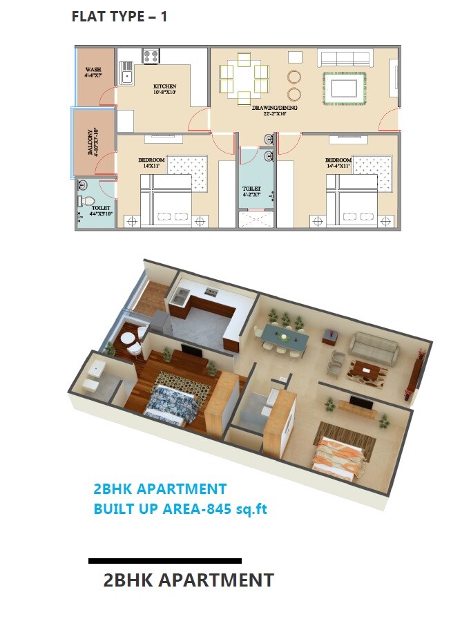 Floor plan of 2 BHK Apartment - 845 sq. ft. in Himalaya Pride, Bhopal