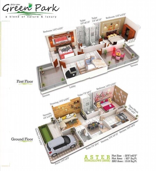 Floor plan of 3 BHK 1518 Sq. Ft. Villa in Jai Mahadev Shiv Om Green Park, Bhopal