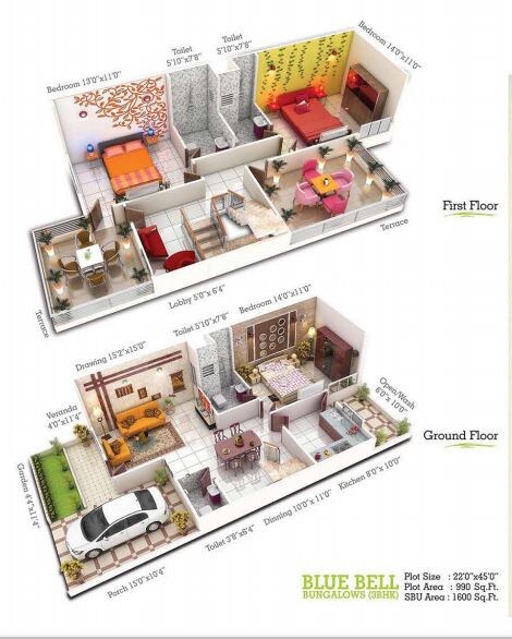 Floor plan of 3 BHK 1600 Sq. Ft. Villa in Jai Mahadev Shiv Om Green Park, Bhopal