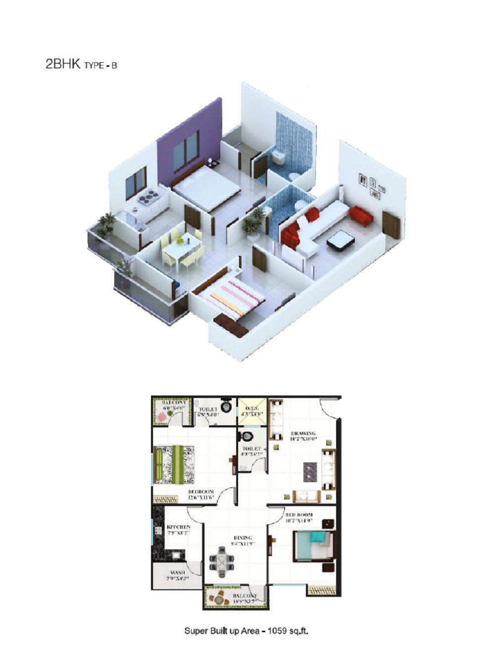 Floor plan of 2 BHK 1059 Sq. Ft. Apartment in Kartik Kasturi Heights, Bhopal