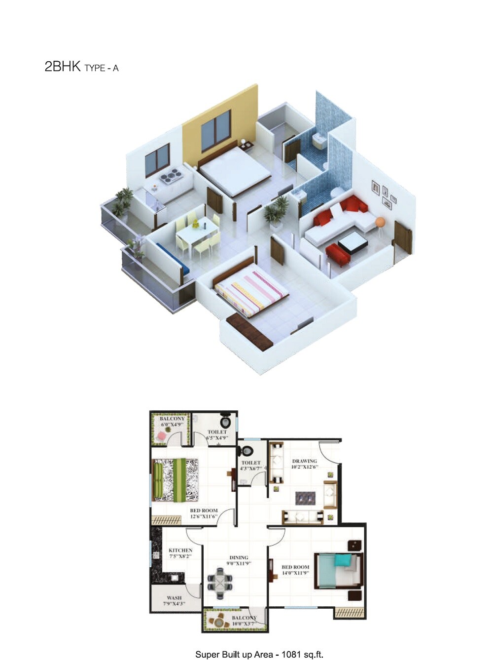 Floor plan of 2 BHK 1081 Sq. Ft. Apartment in Kartik Kasturi Heights, Bhopal
