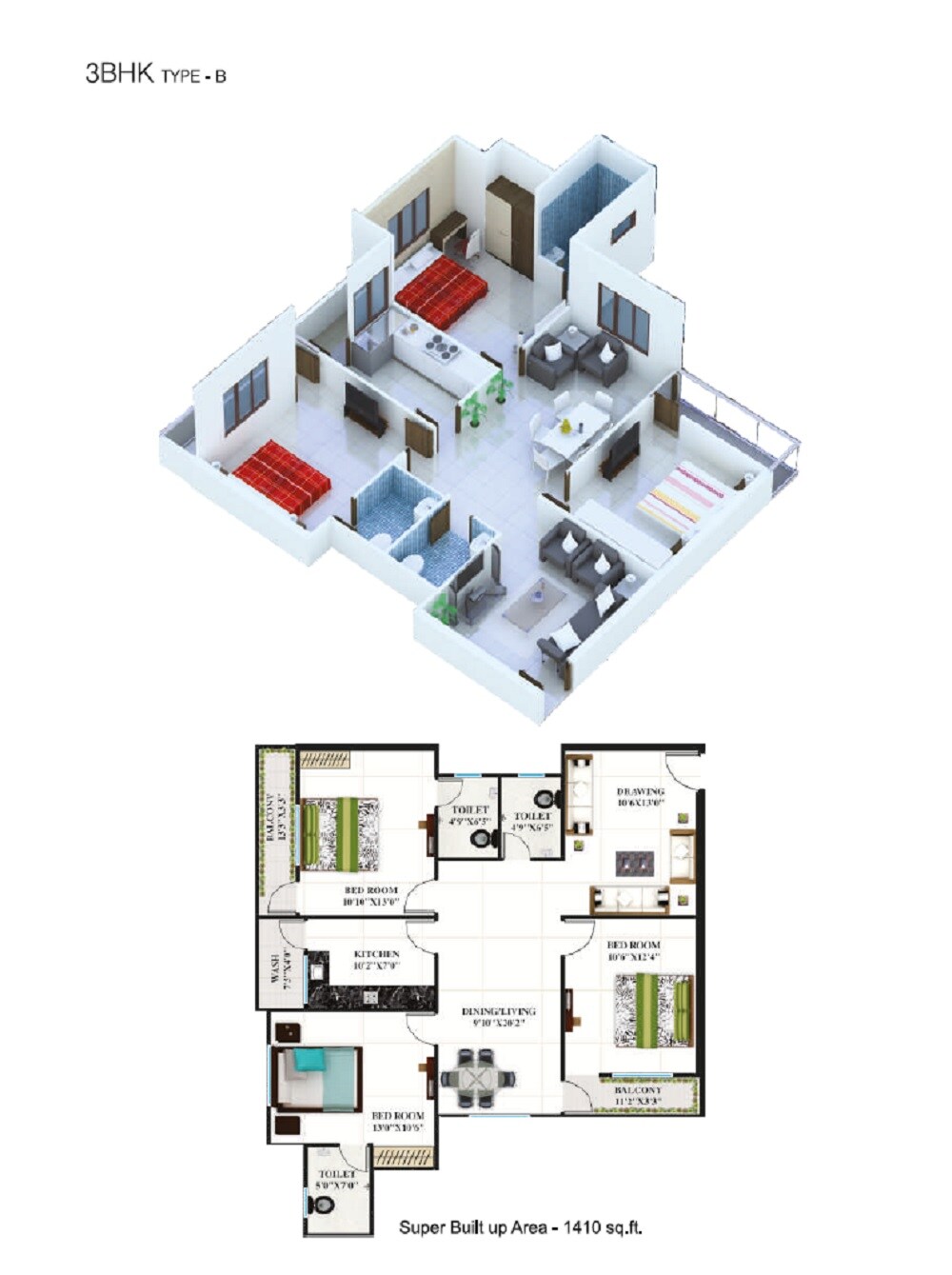Floor plan of 3 BHK 1410 Sq. Ft. Apartment in Kartik Kasturi Heights, Bhopal