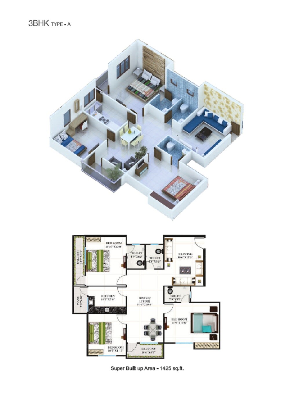 Floor plan of 3 BHK 1425 Sq. Ft. Apartment in Kartik Kasturi Heights, Bhopal