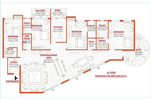 Floor plan of 4 BHK 3496 Sq. Ft. Apartment in Lilasons Kanhaa Towers, Bhopal