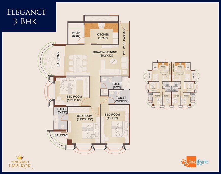 Floor plan of 3 BHK 1891 Sq. Ft. Apartment in Paras Emperor, Bhopal