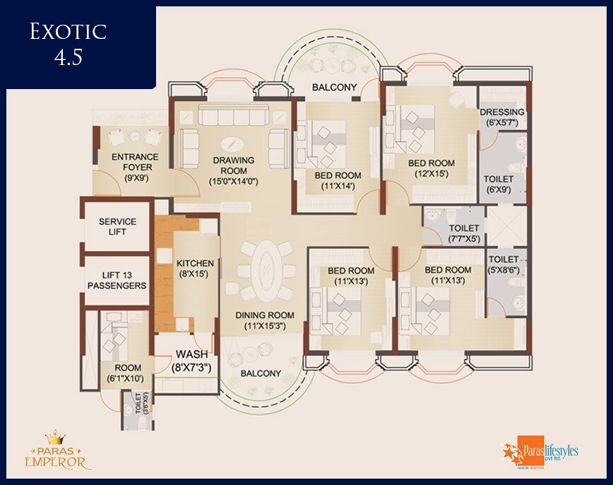 Floor plan of 4 BHK 2635 Sq. Ft. Apartment in Paras Emperor, Bhopal