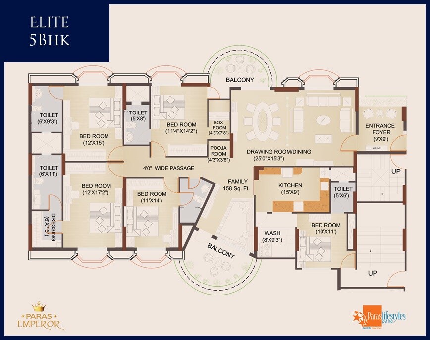 Floor plan of 5 BHK 3399 Sq. Ft. Apartment in Paras Emperor, Bhopal