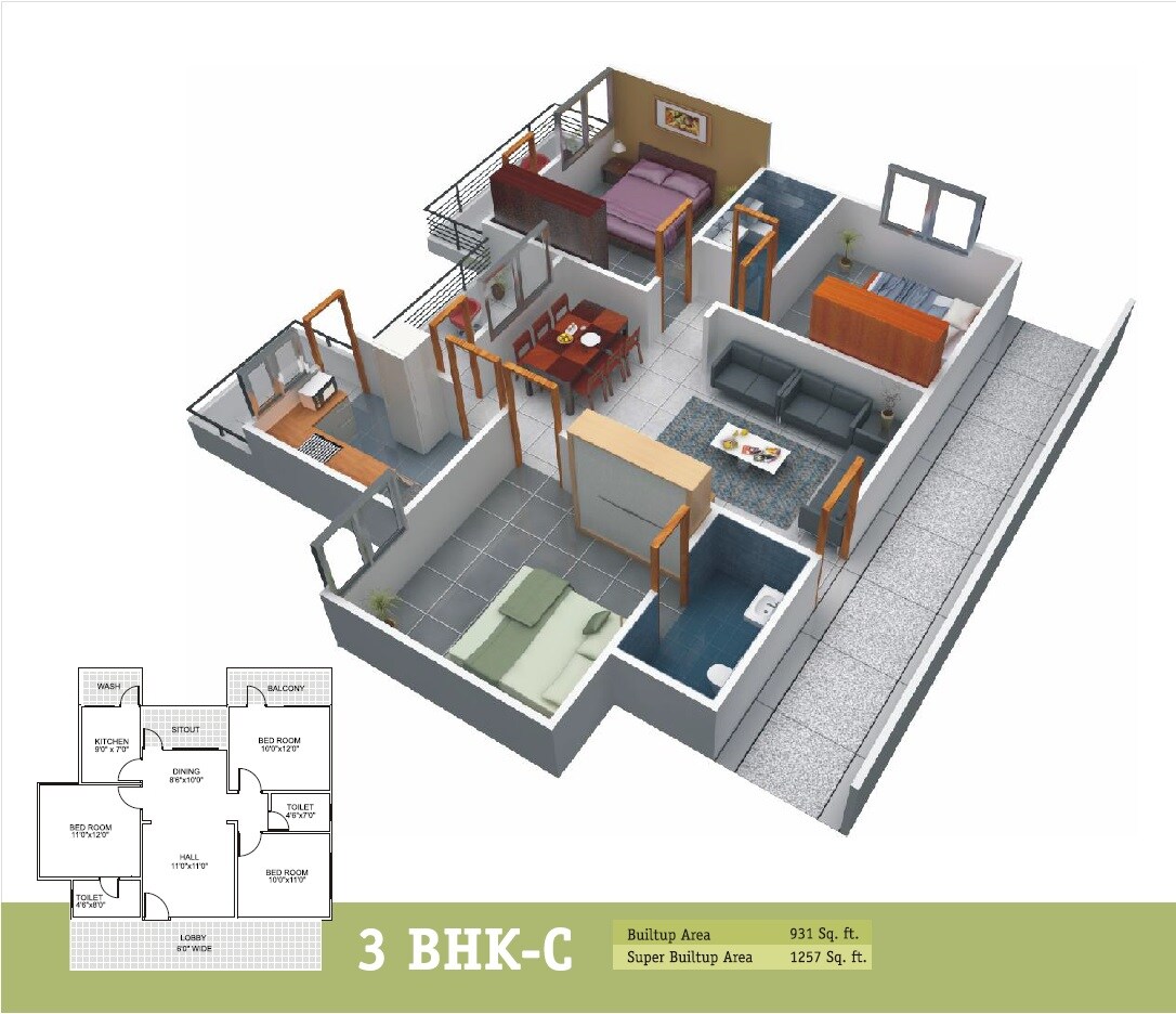 Floor plan of 3 BHK 1257 Sq. Ft. Apartment in Prakrati Eden and Elite, Bhopal