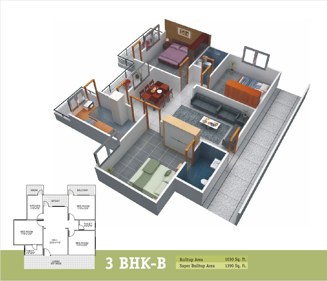 Floor plan of 3 BHK 1390 Sq. Ft. Apartment in Prakrati Eden and Elite, Bhopal
