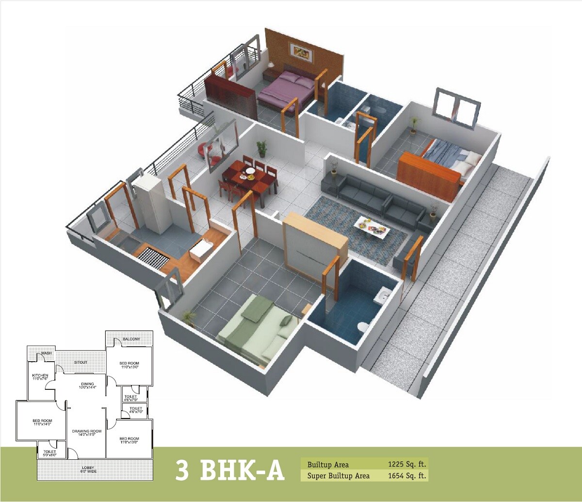 Floor plan of 3 BHK 1654 Sq. Ft. Apartment in Prakrati Eden and Elite, Bhopal