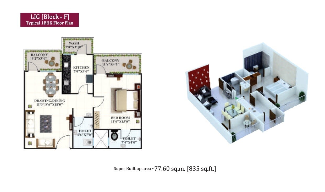 Floor plan of 1 BHK 835 Sq. Ft. Apartment in Rai Pink City Phase II, Bhopal