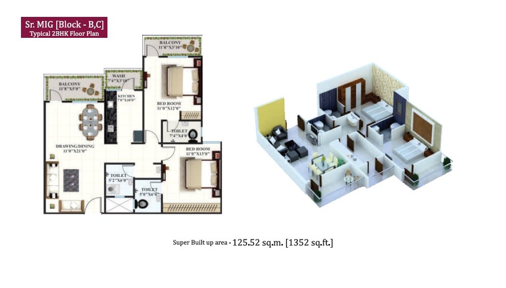 Floor plan of 2 BHK 1352 Sq. Ft. Apartment in Rai Pink City Phase II, Bhopal