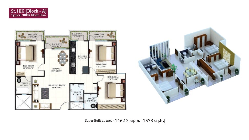 Floor plan of 3 BHK 1573 Sq. Ft. Apartment in Rai Pink City Phase II, Bhopal