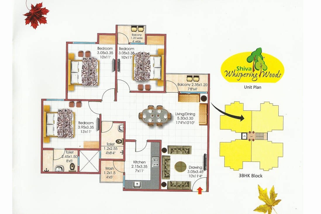 Floor plan of 3 BHK 1300 Sq. Ft. Apartment in Shiva Whispering Woods, Bhopal