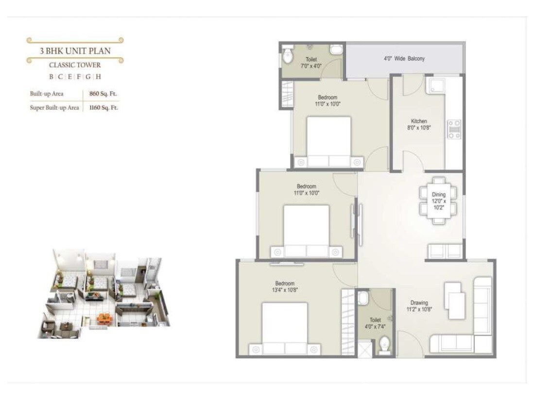 Floor plan of 3 BHK 1160 Sq. Ft. Apartment in Western Courtyard, Bhopal