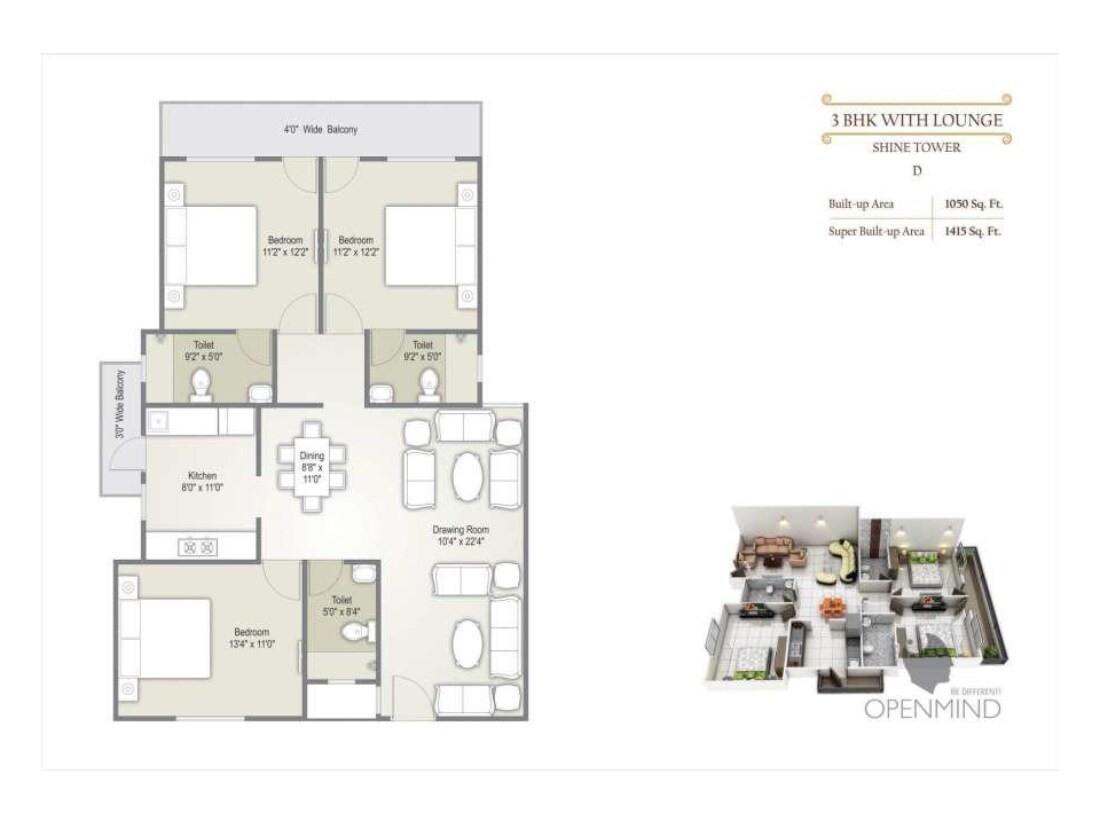 Floor plan of 3 BHK 1415 Sq. Ft. Apartment in Western Courtyard, Bhopal