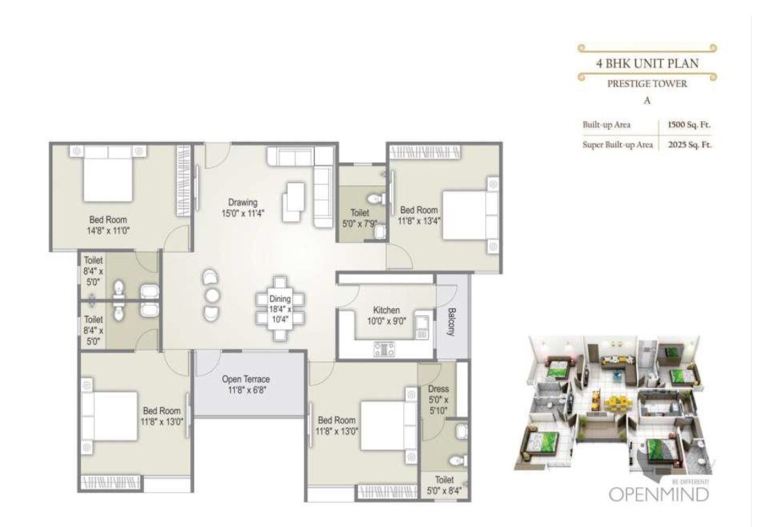 Floor plan of 4 BHK 2025 Sq. Ft. Apartment in Western Courtyard, Bhopal