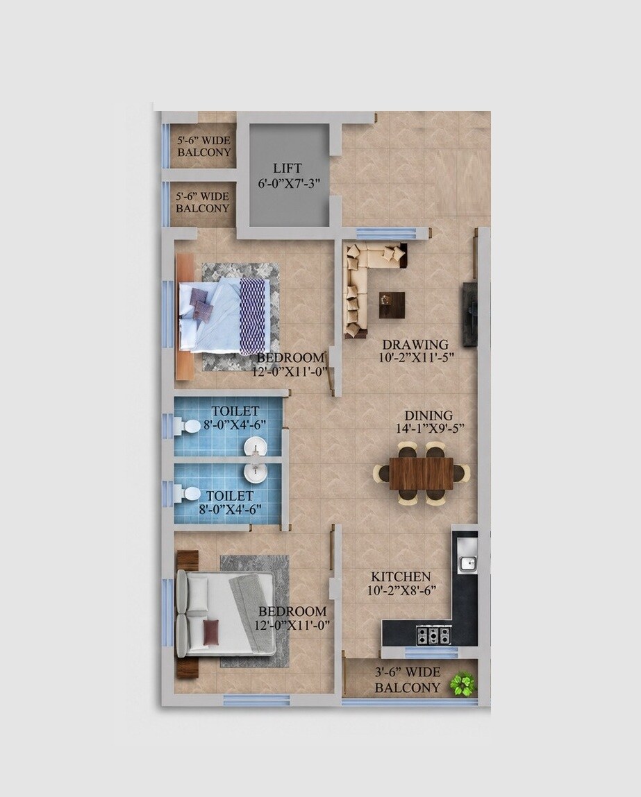 Floor plan of 2 BHK Apartment - 701 sq. ft. in ADPL Galaxy 3, Bhubaneswar