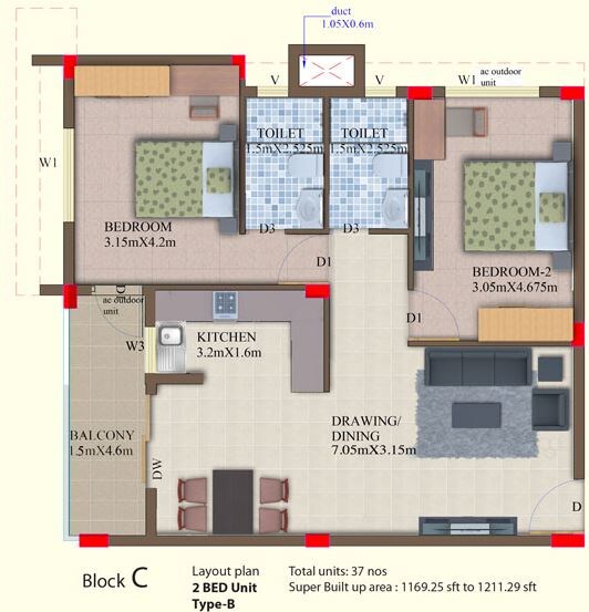 Floor plan of 2 BHK 1169 Sq. Ft. Apartment in Aryans Banyan Courtyard, Bhubaneswar