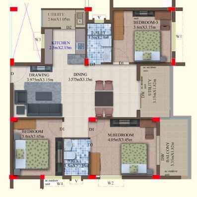 Floor plan of 3 BHK 1303 Sq. Ft. Apartment in Aryans Banyan Courtyard, Bhubaneswar